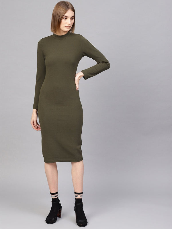 Women's Olive High Neck Bodycon Midi Dress - SASSAFRAS