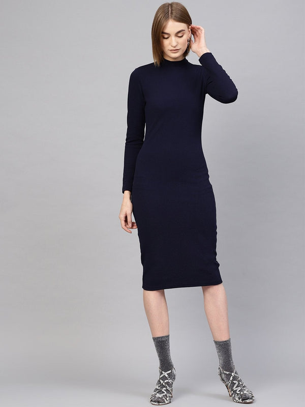 Women's Navy High Neck Bodycon Midi Dress - SASSAFRAS