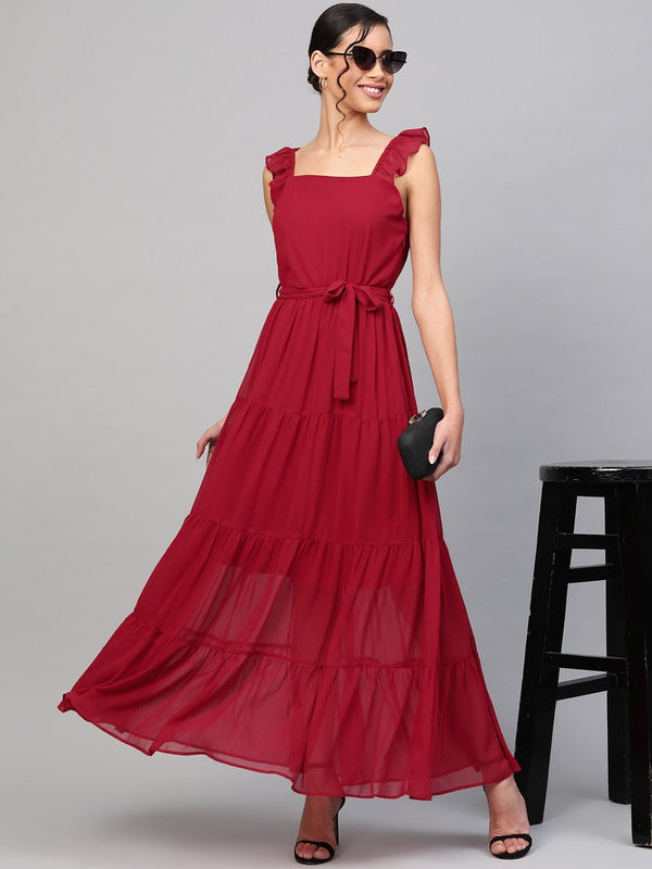 Women's Red Strappy Frill Tiered Maxi - SASSAFRAS