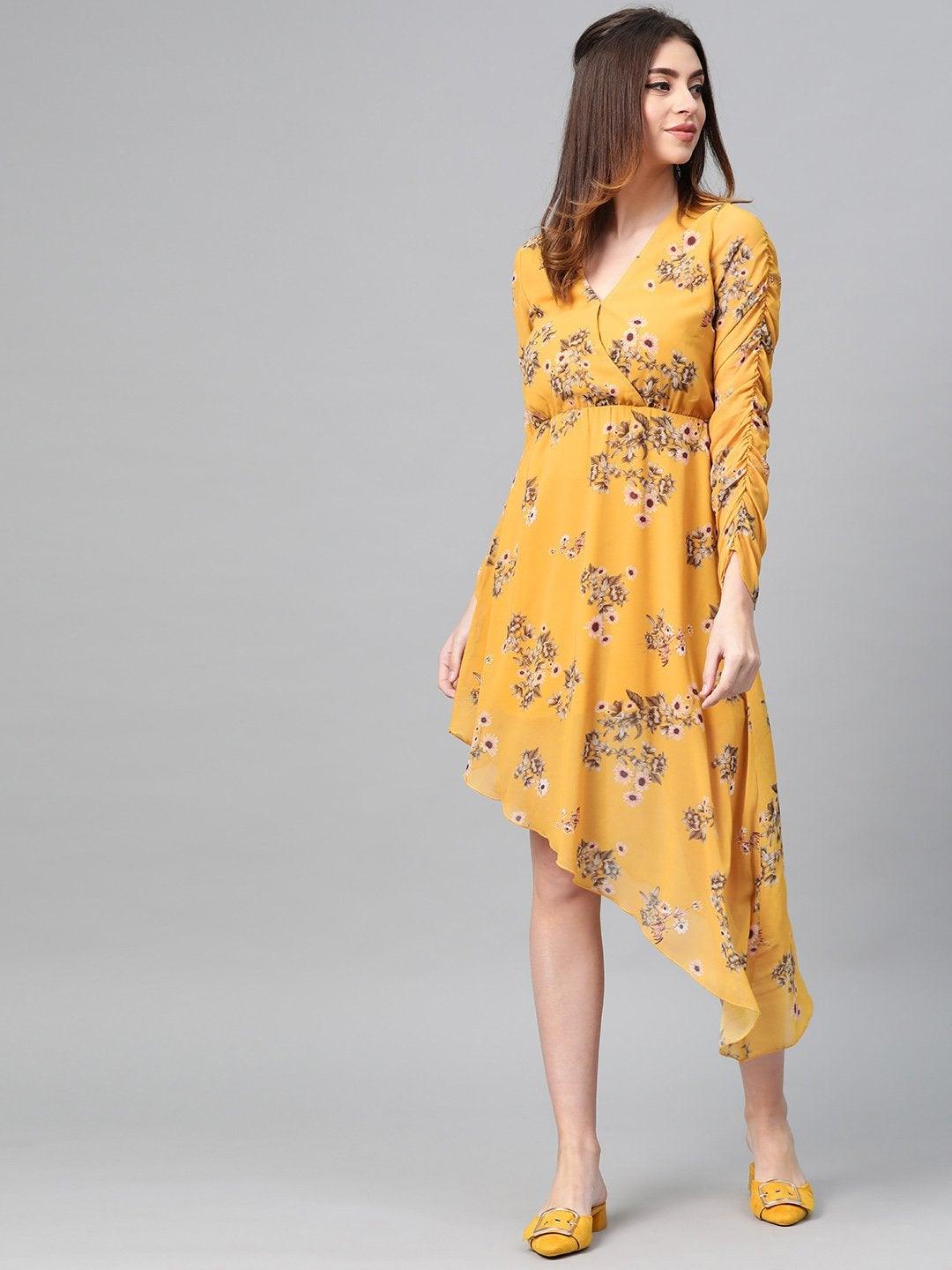 Women's Mustard Floral Wrap Asymmetric Dress - SASSAFRAS - Indiakreations