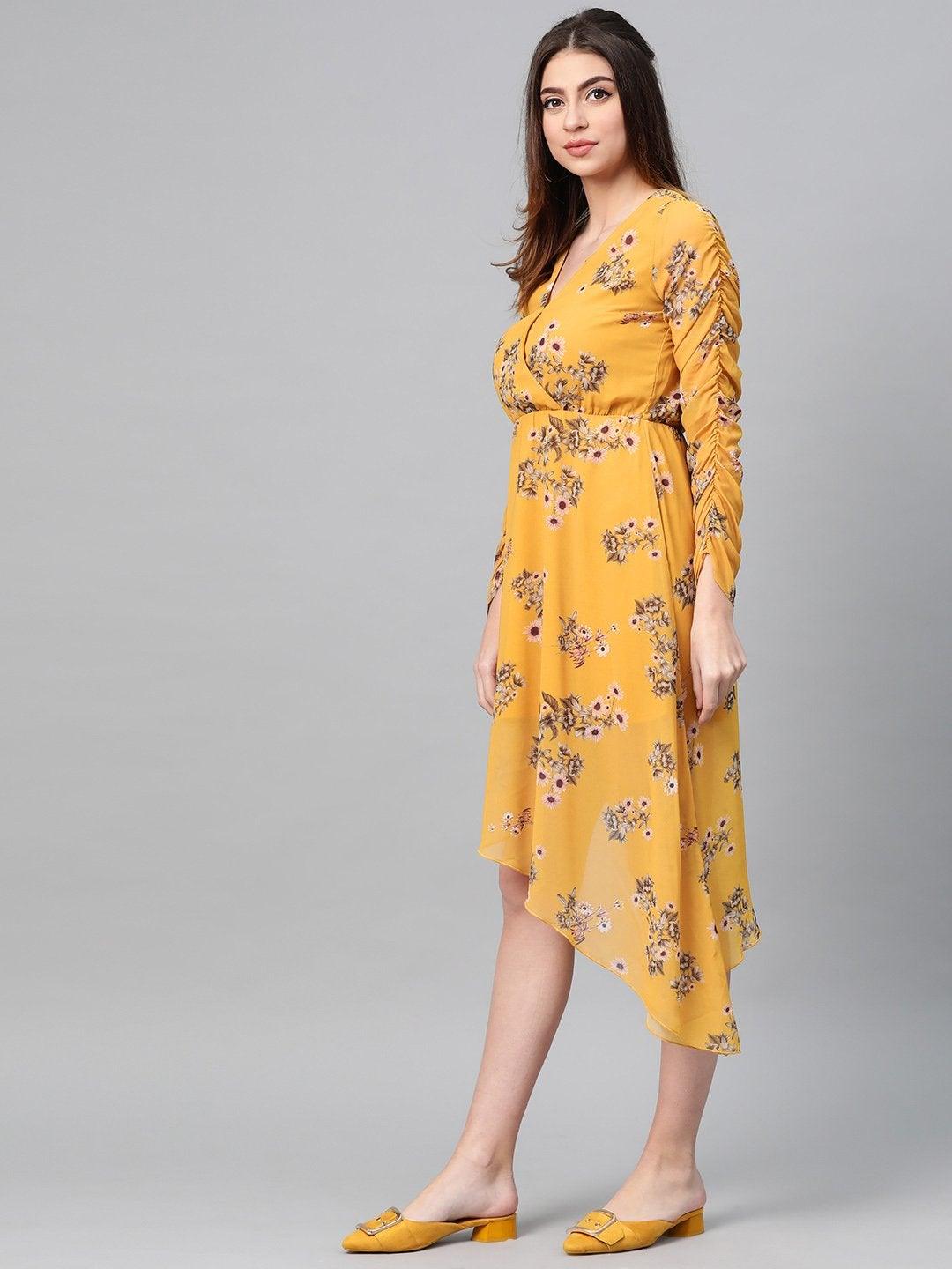 Women's Mustard Floral Wrap Asymmetric Dress - SASSAFRAS - Indiakreations