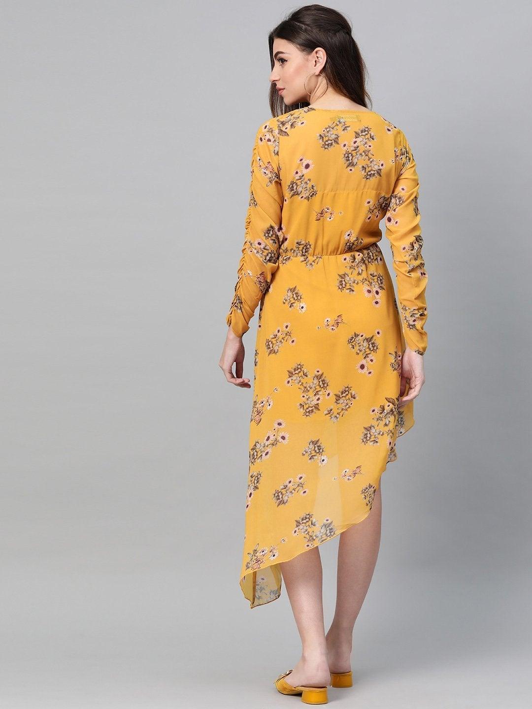 Women's Mustard Floral Wrap Asymmetric Dress - SASSAFRAS - Indiakreations