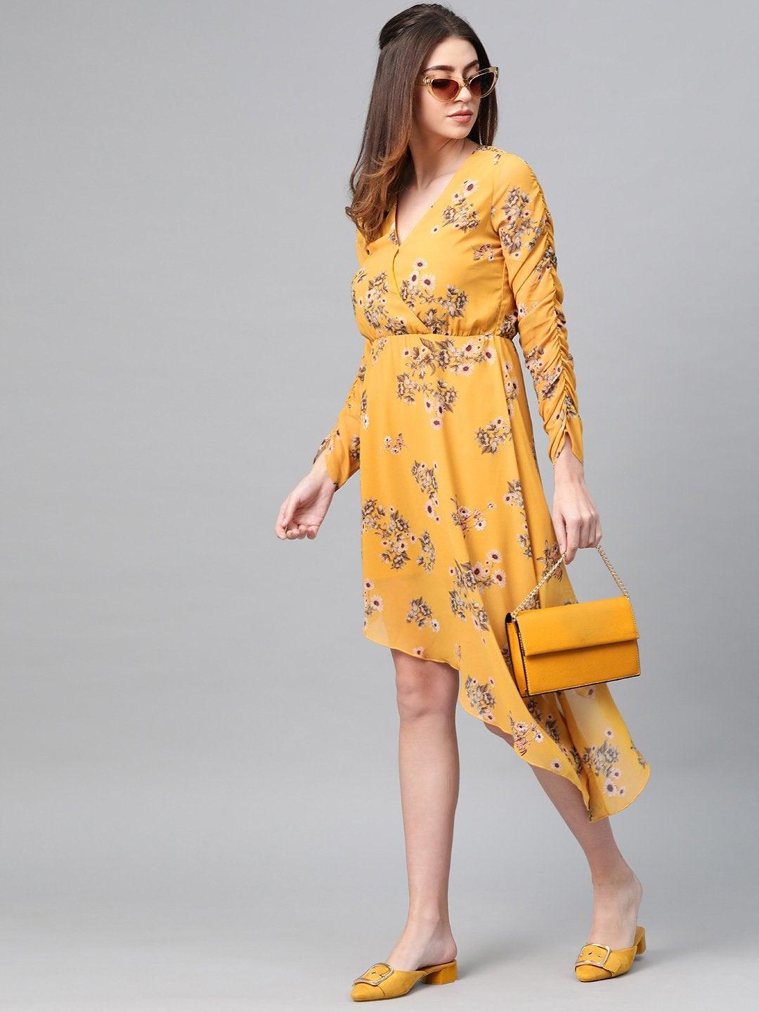 Women's Mustard Floral Wrap Asymmetric Dress - SASSAFRAS - Indiakreations