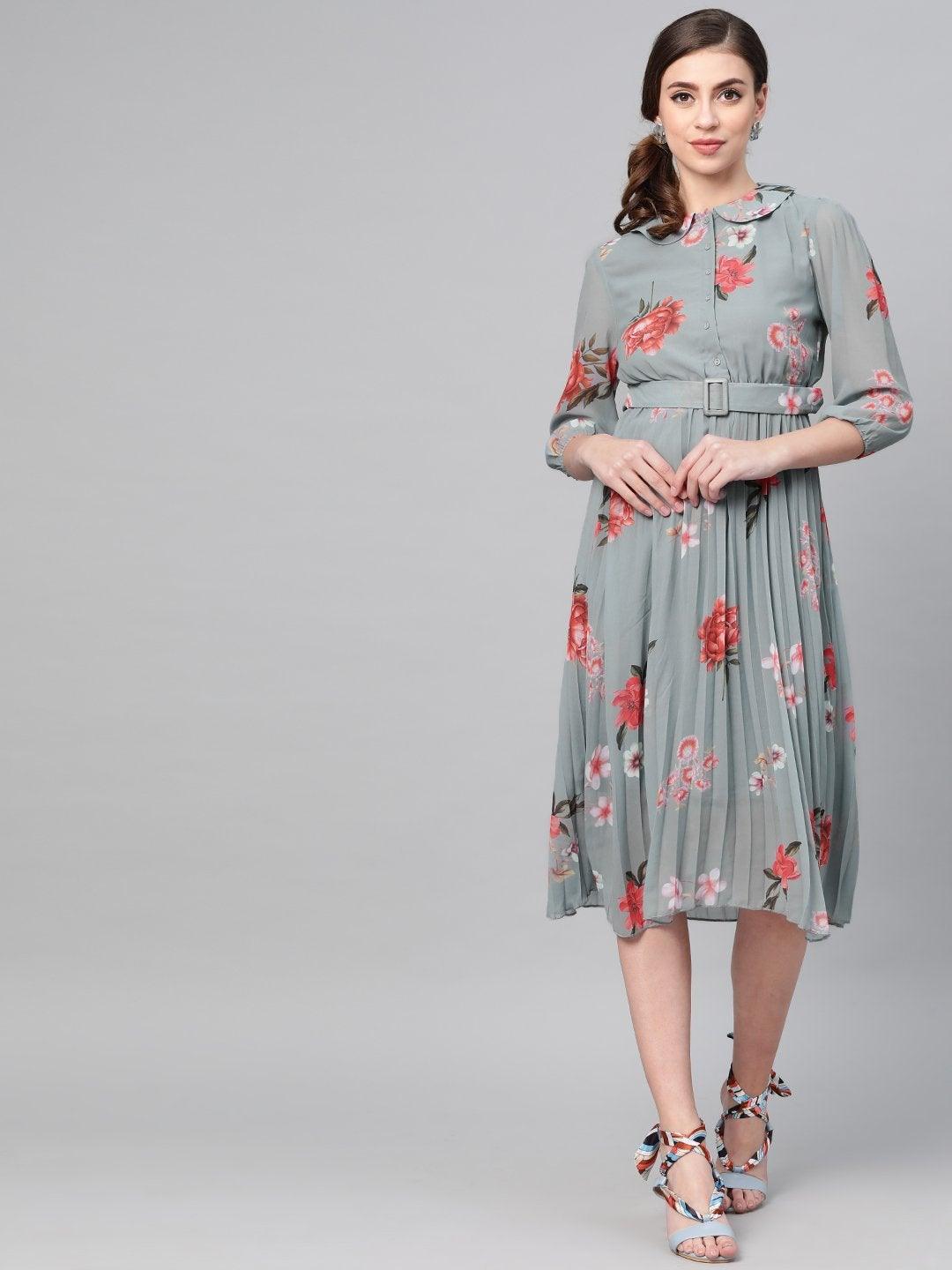 Women's Steel Blue Floral Peterpan Collar Pleated Dress - SASSAFRAS - Indiakreations