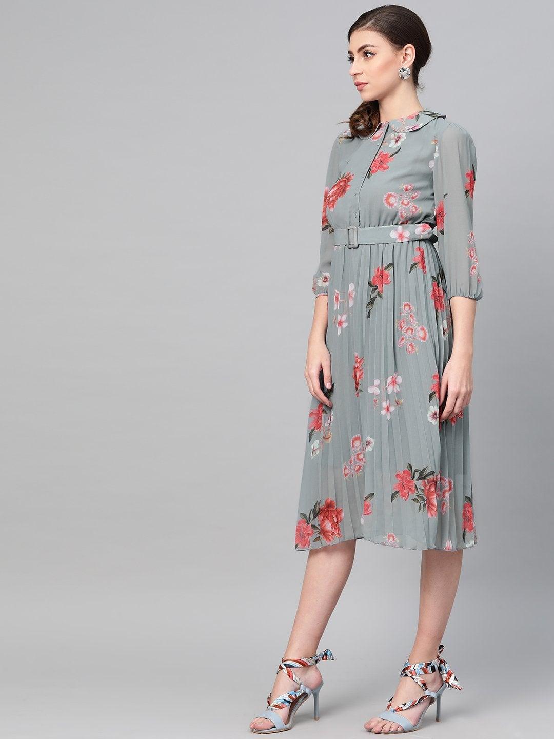 Women's Steel Blue Floral Peterpan Collar Pleated Dress - SASSAFRAS - Indiakreations