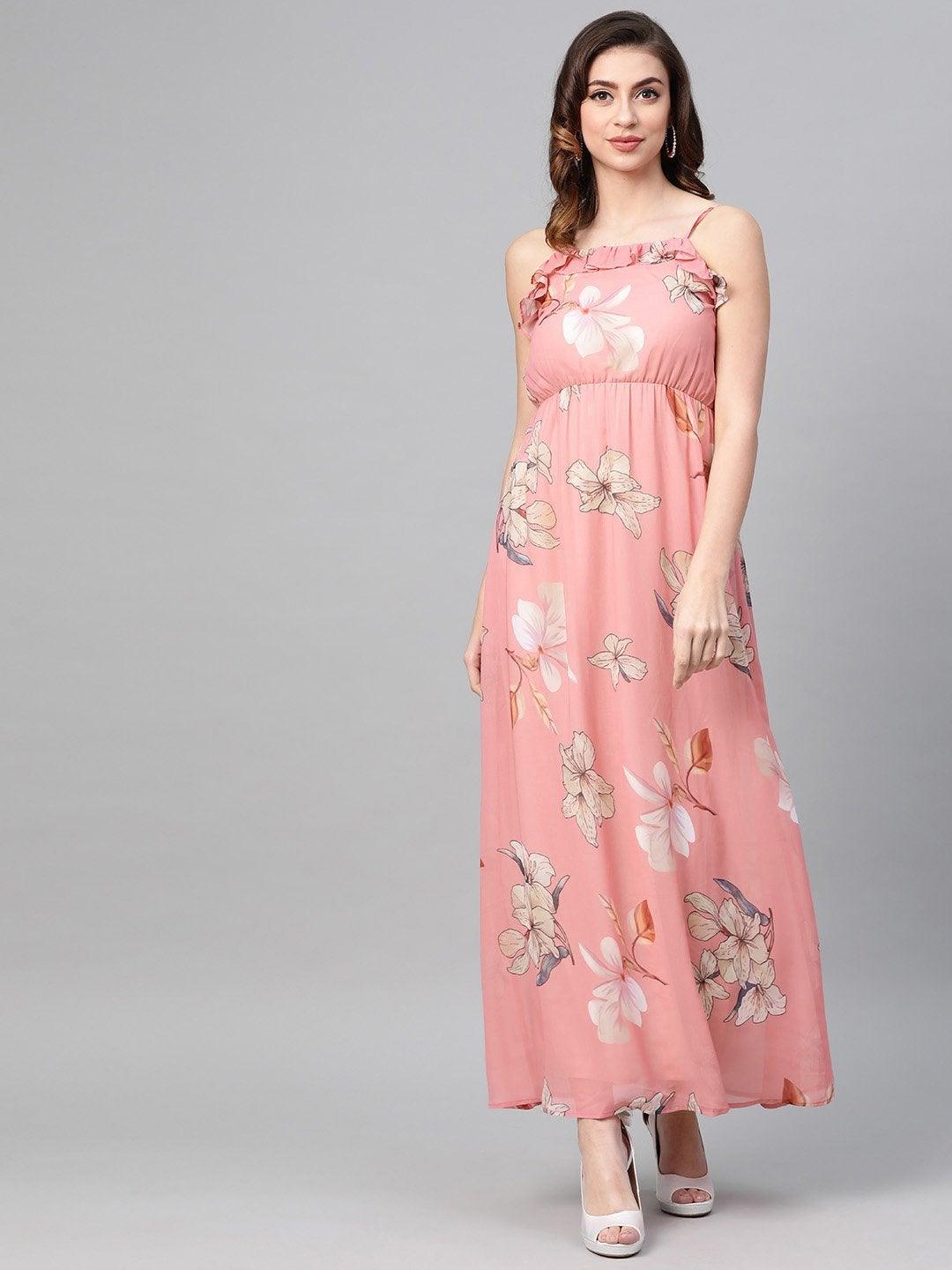 Women's Rose Pink Floral Strappy Maxi Dress - SASSAFRAS - Indiakreations