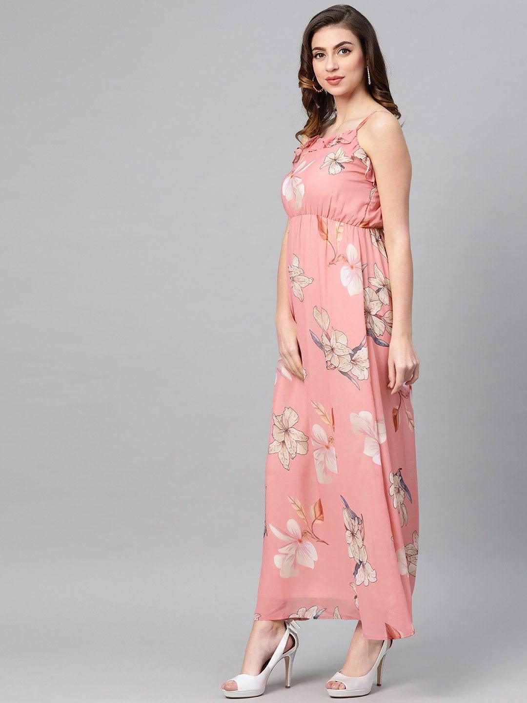 Women's Rose Pink Floral Strappy Maxi Dress - SASSAFRAS - Indiakreations