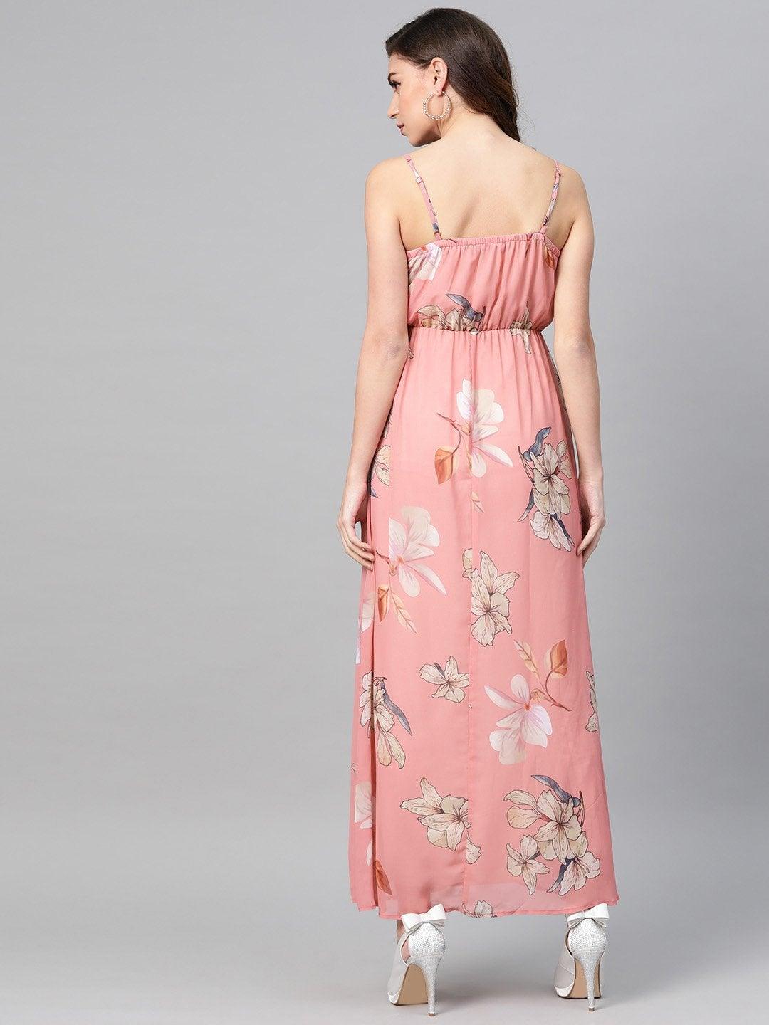 Women's Rose Pink Floral Strappy Maxi Dress - SASSAFRAS - Indiakreations