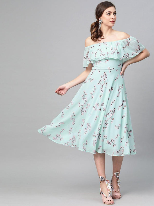 Women's Sea Green Floral Off Shoulder Midi Dress - SASSAFRAS - Indiakreations