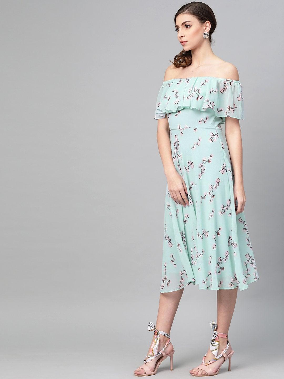 Women's Sea Green Floral Off Shoulder Midi Dress - SASSAFRAS - Indiakreations