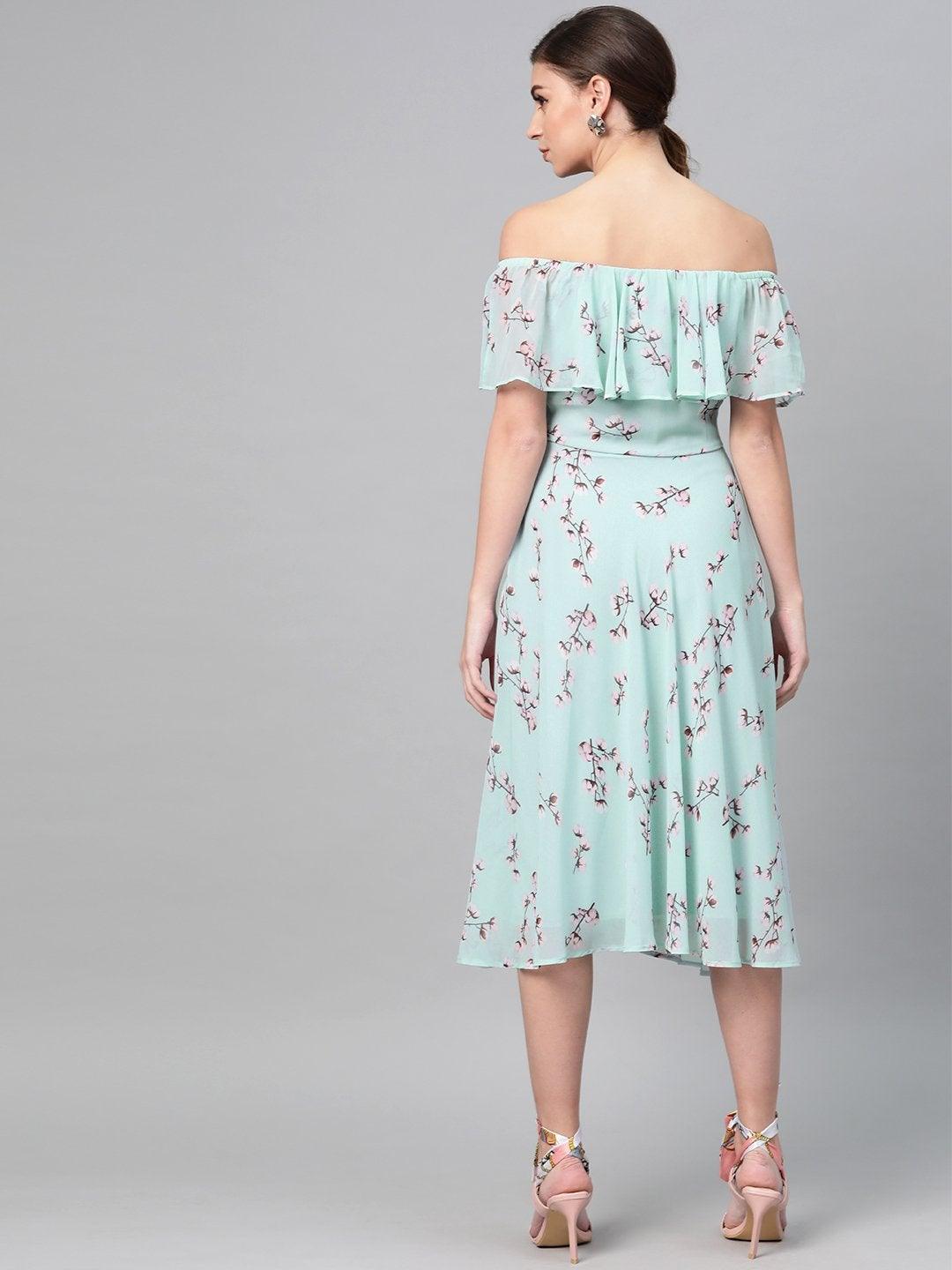 Women's Sea Green Floral Off Shoulder Midi Dress - SASSAFRAS - Indiakreations