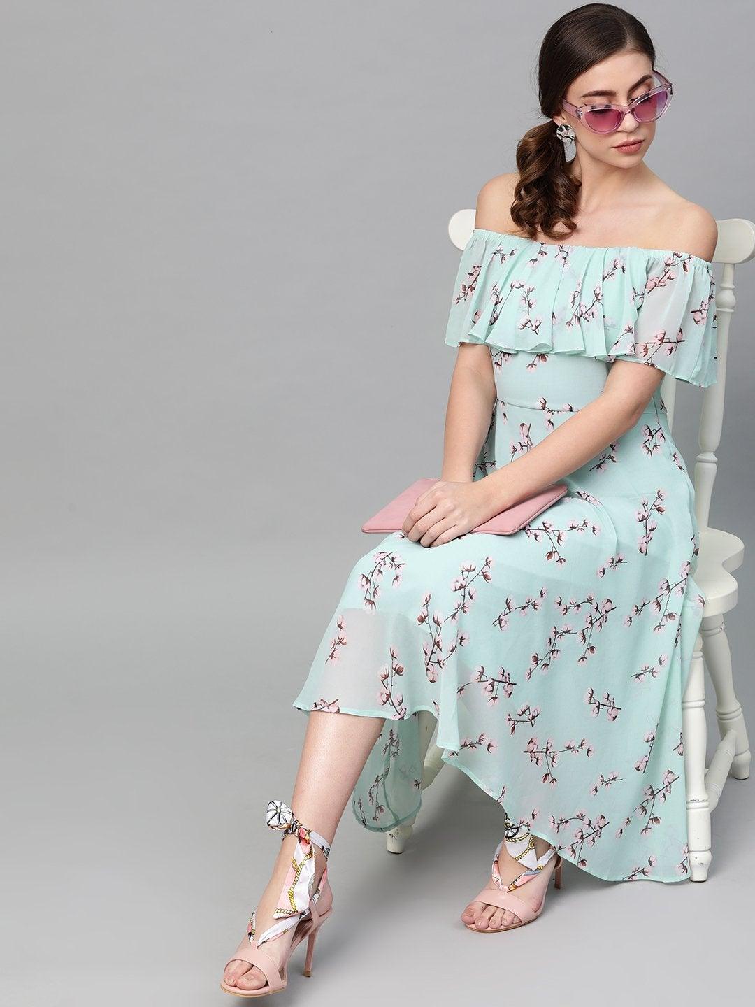 Women's Sea Green Floral Off Shoulder Midi Dress - SASSAFRAS - Indiakreations