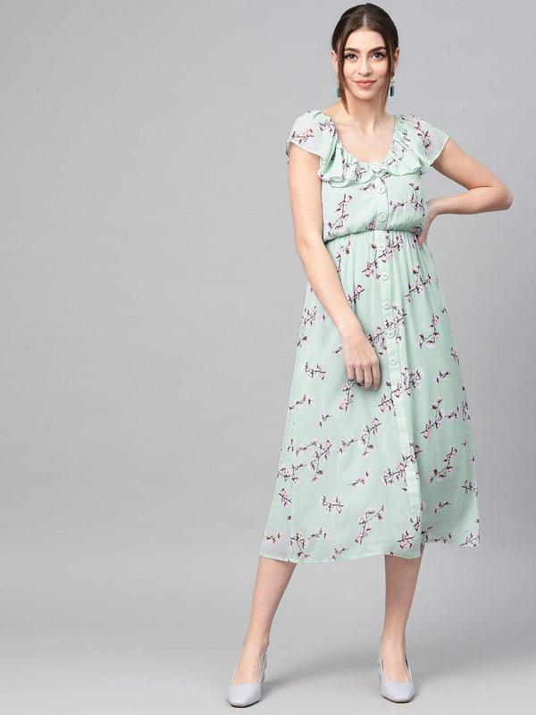 Women's Sea Green Floral Front Button Frill Dress - SASSAFRAS - Indiakreations