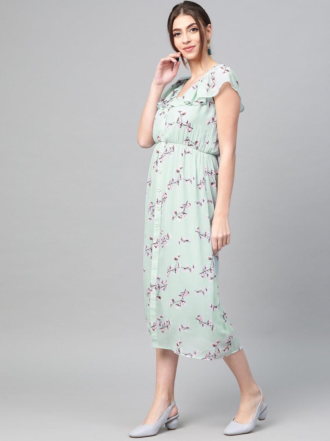 Women's Sea Green Floral Front Button Frill Dress - SASSAFRAS - Indiakreations