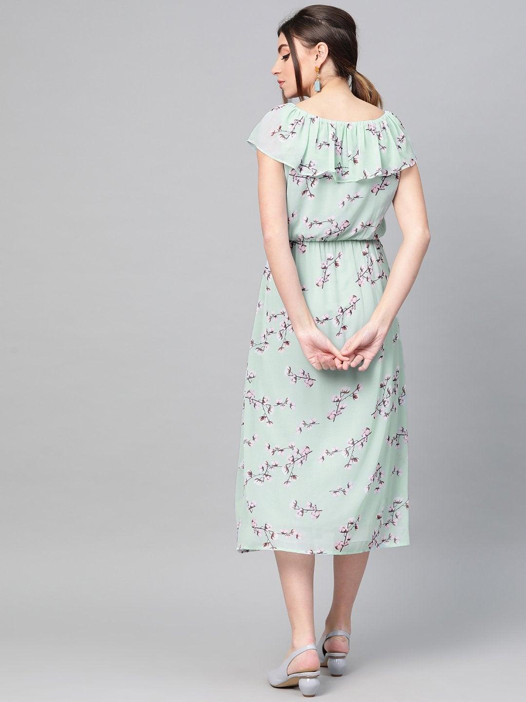 Women's Sea Green Floral Front Button Frill Dress - SASSAFRAS - Indiakreations