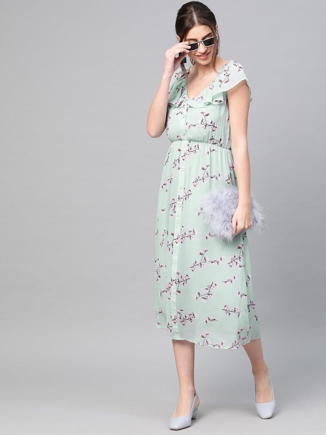 Women's Sea Green Floral Front Button Frill Dress - SASSAFRAS - Indiakreations