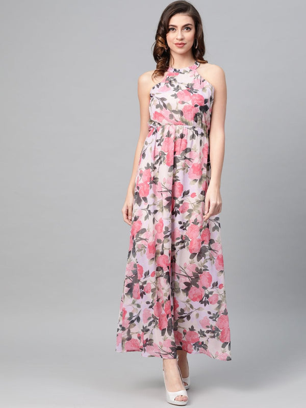 Women's Beige Floral Halter Neck Maxi Dress - SASSAFRAS