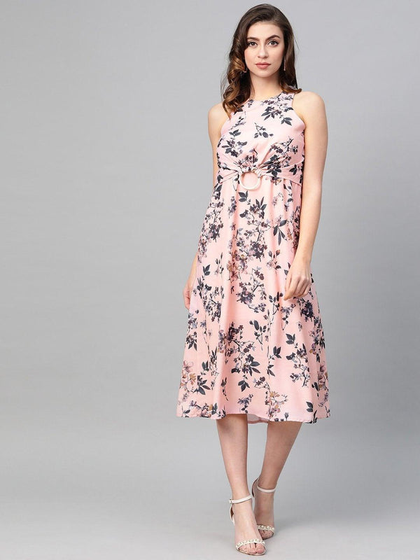 Women's Pink Floral Ring Loop Midi Dress - SASSAFRAS - Indiakreations