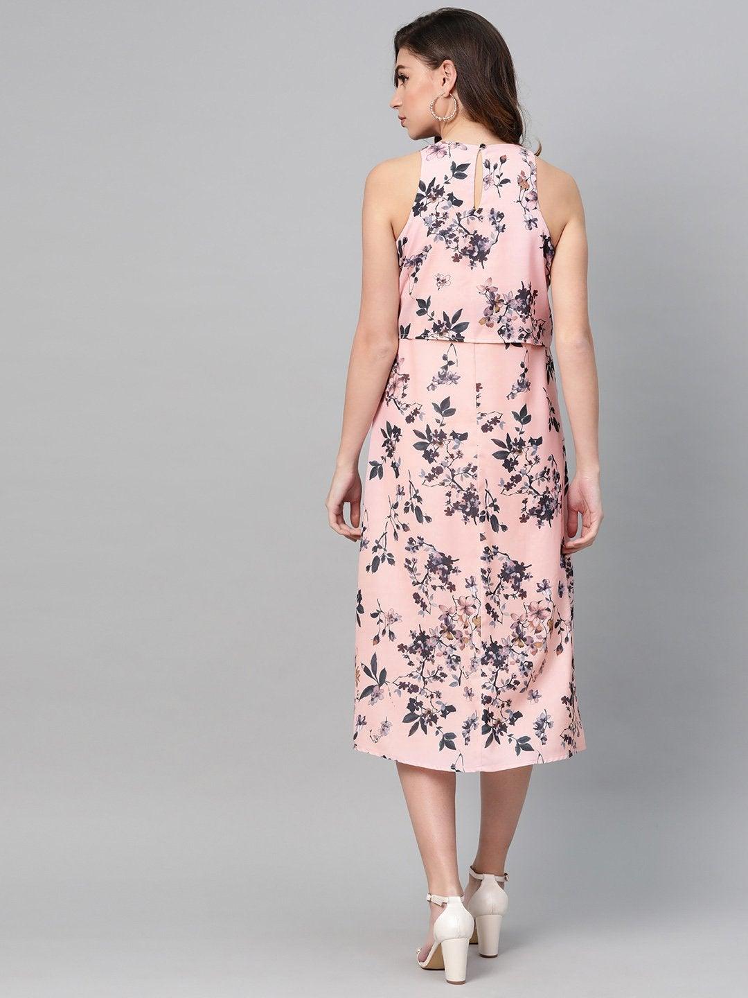 Women's Pink Floral Ring Loop Midi Dress - SASSAFRAS - Indiakreations