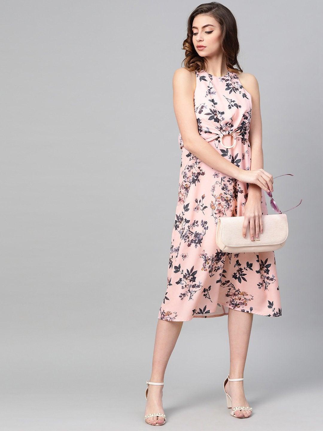 Women's Pink Floral Ring Loop Midi Dress - SASSAFRAS - Indiakreations