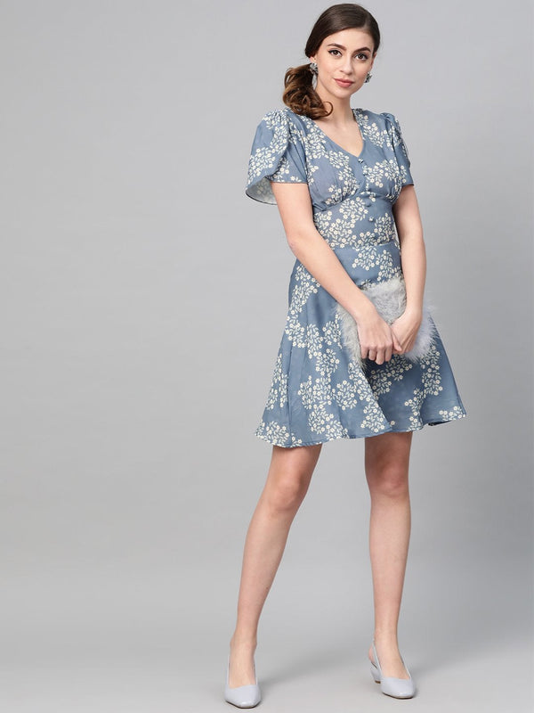 Women's Dark Blue Floral Flared Skater Dress - SASSAFRAS