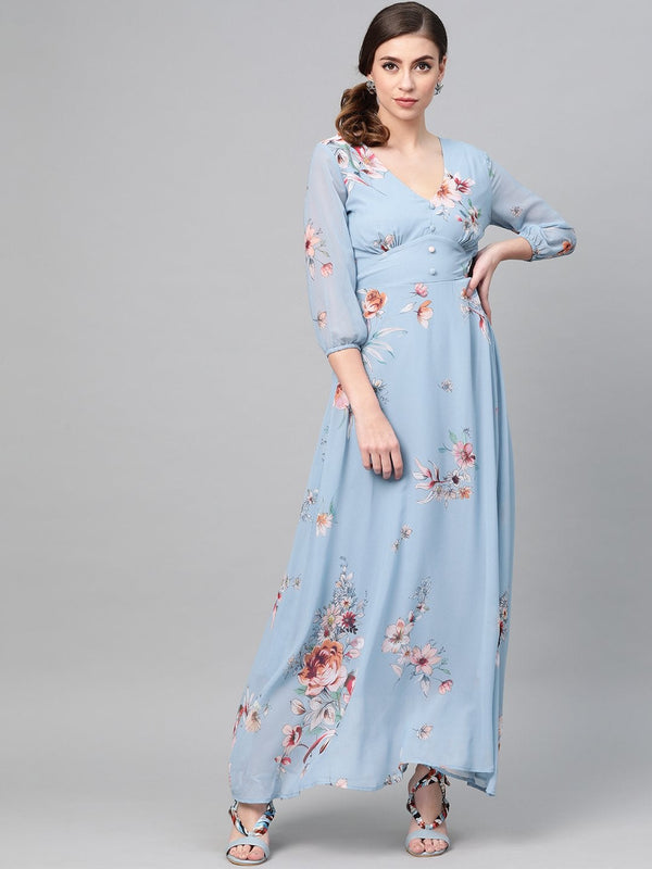 Women's Pale Blue Floral Flared Maxi Dress - SASSAFRAS