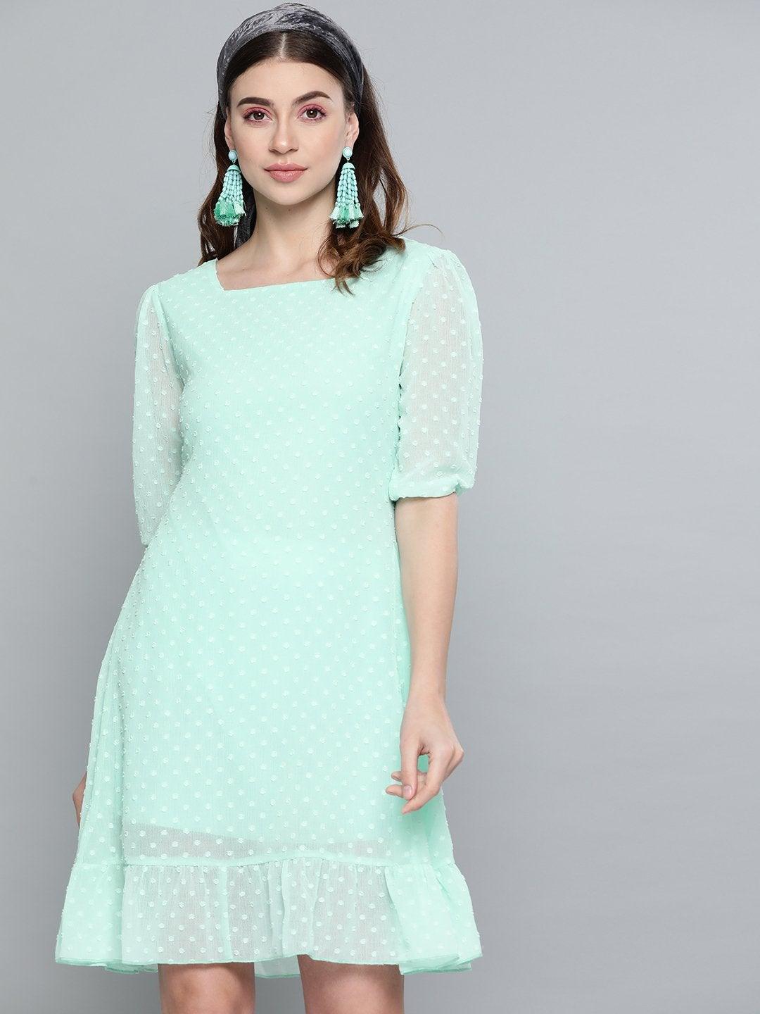 Women's Mint Green Dobby Frill Hem Short Dress - SASSAFRAS - Indiakreations