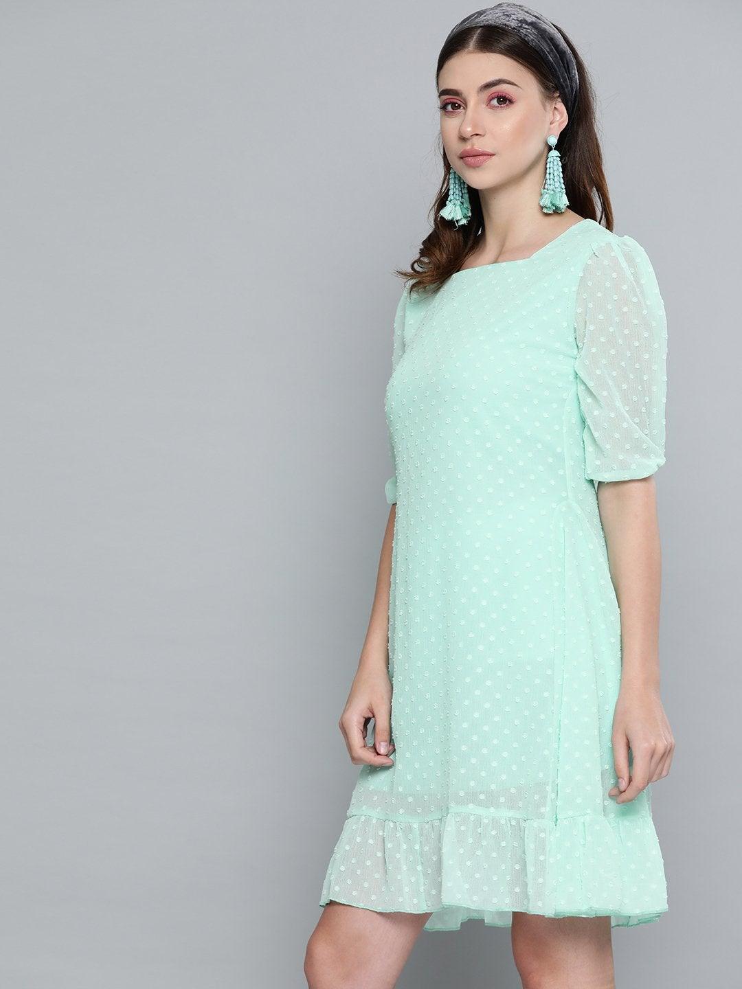 Women's Mint Green Dobby Frill Hem Short Dress - SASSAFRAS - Indiakreations