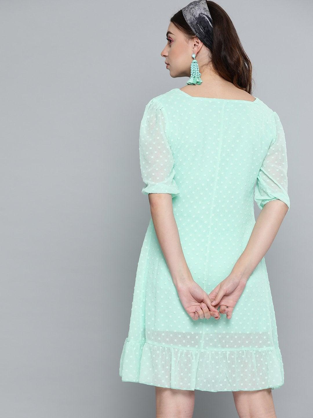 Women's Mint Green Dobby Frill Hem Short Dress - SASSAFRAS - Indiakreations