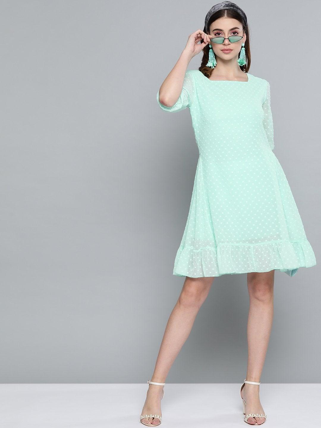 Women's Mint Green Dobby Frill Hem Short Dress - SASSAFRAS - Indiakreations