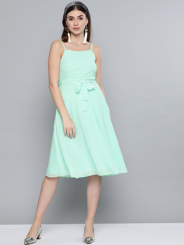 Women's Mint Green Dobby Strappy Belted Midi Dress - SASSAFRAS