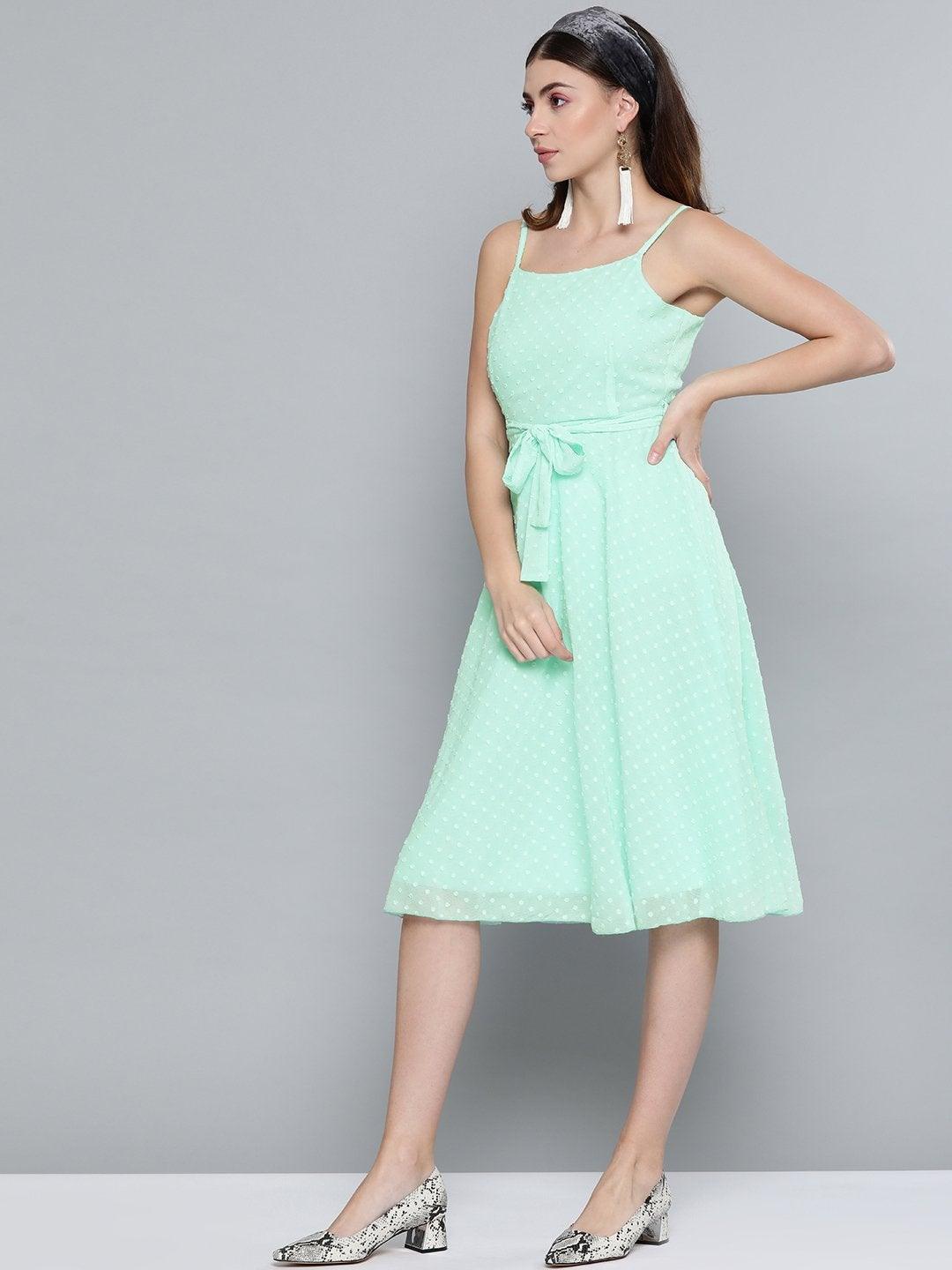 Women's Mint Green Dobby Strappy Belted Midi Dress - SASSAFRAS - Indiakreations