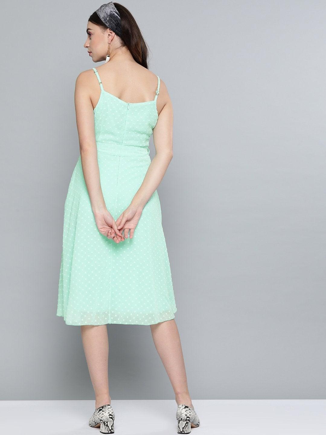 Women's Mint Green Dobby Strappy Belted Midi Dress - SASSAFRAS - Indiakreations