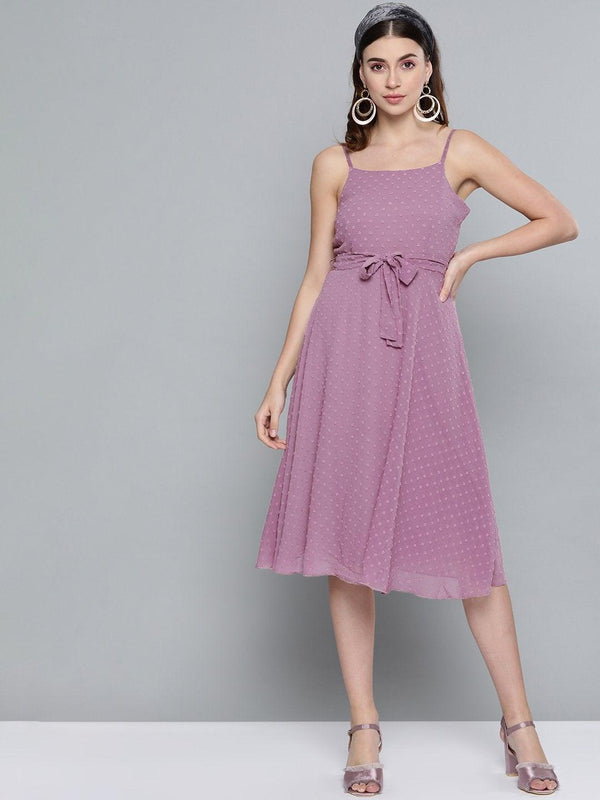 Women's Purple Dobby Strappy Belted Midi Dress - SASSAFRAS - Indiakreations