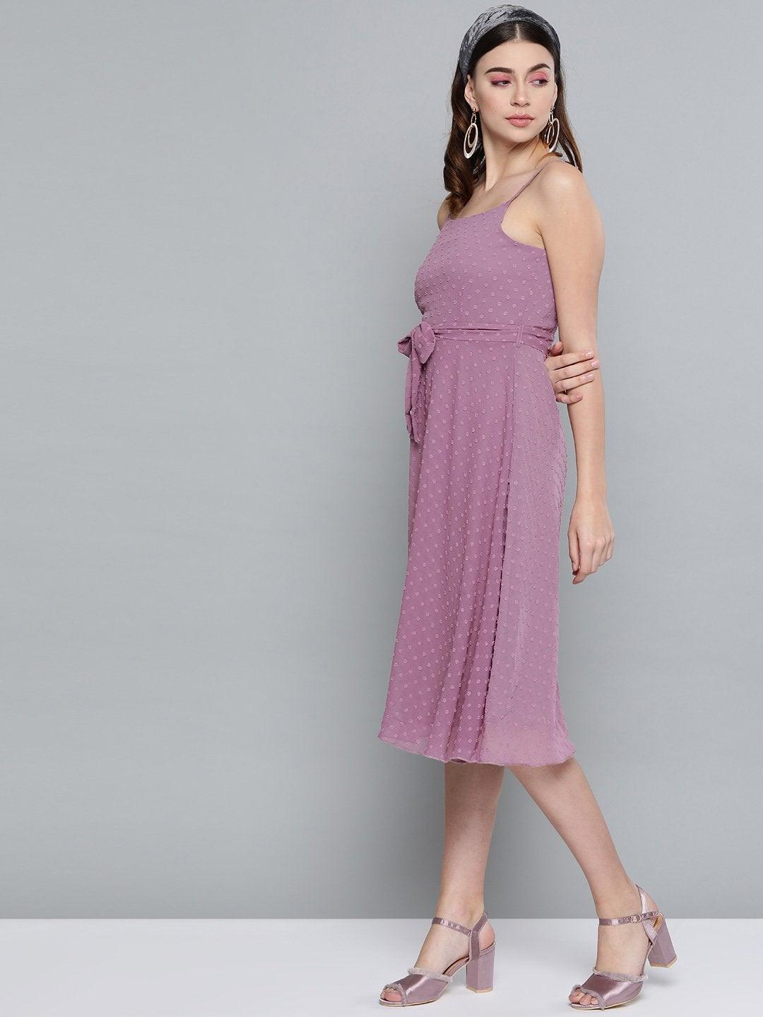 Women's Purple Dobby Strappy Belted Midi Dress - SASSAFRAS - Indiakreations