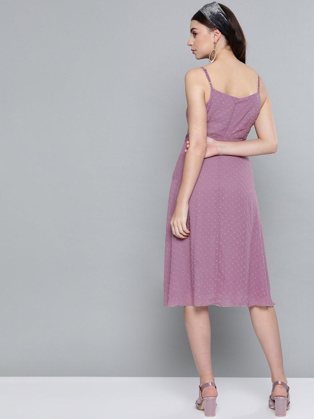 Women's Purple Dobby Strappy Belted Midi Dress - SASSAFRAS - Indiakreations