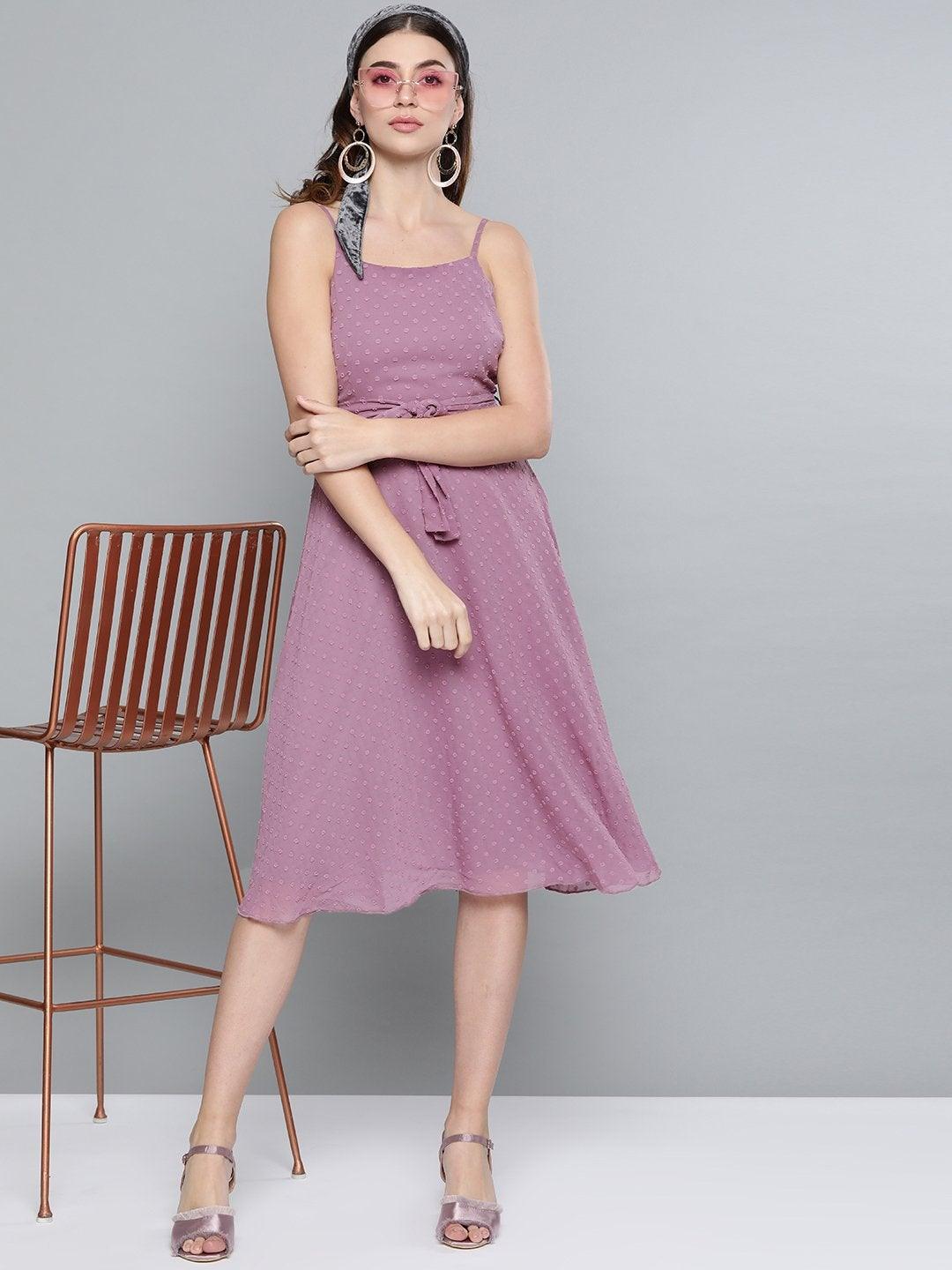 Women's Purple Dobby Strappy Belted Midi Dress - SASSAFRAS - Indiakreations