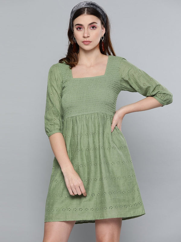 Women's Olive Schiffli Smocking Skater Dress - SASSAFRAS