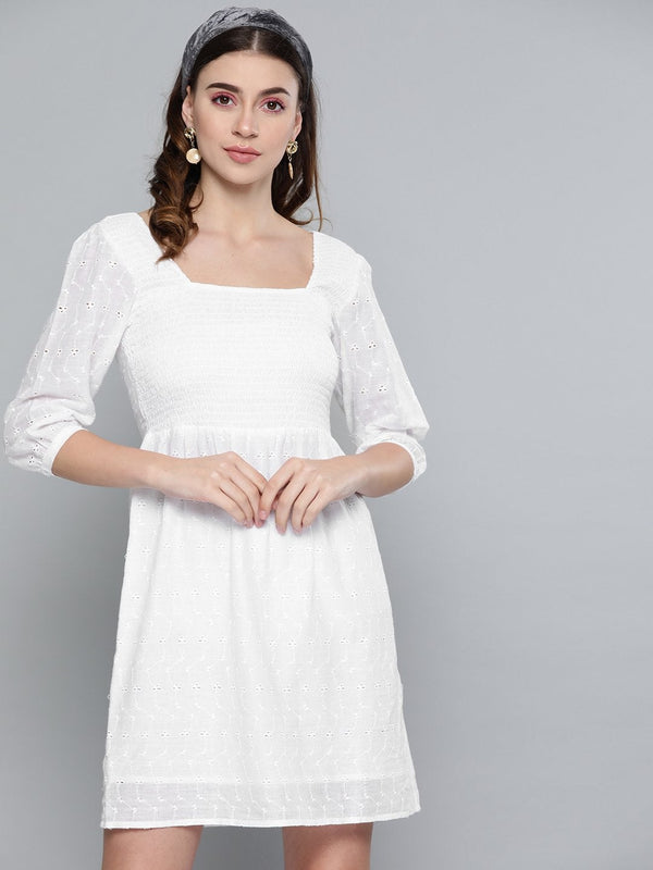 Women's White Schiffli Smocking Skater Dress - SASSAFRAS