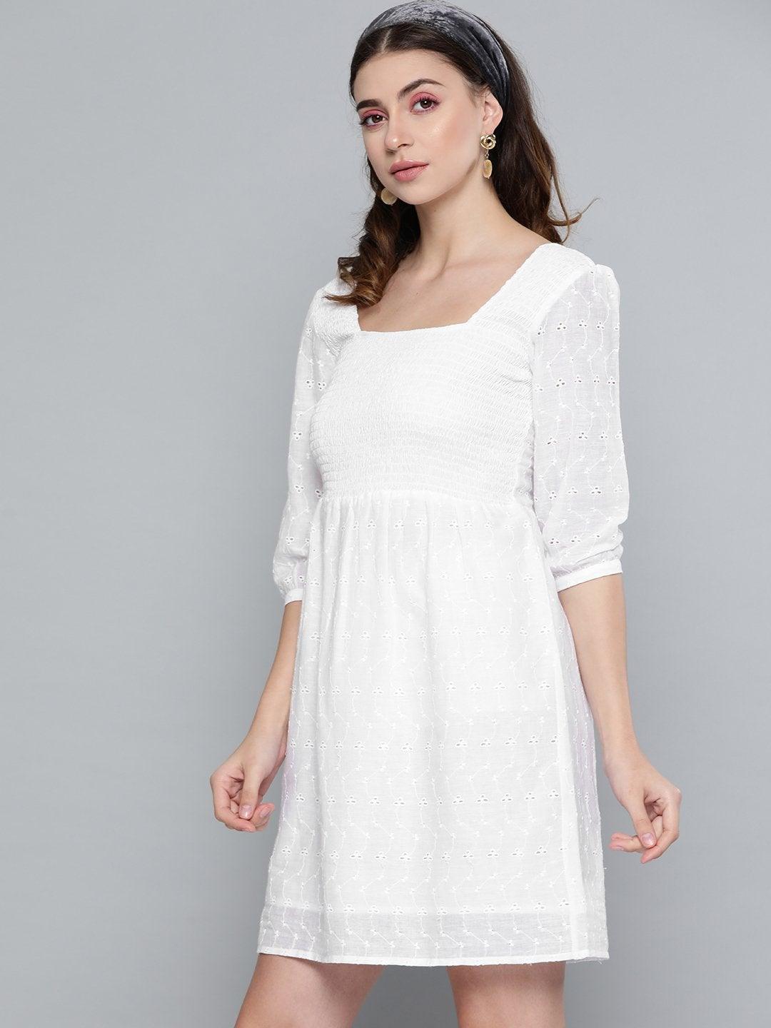 Women's White Schiffli Smocking Skater Dress - SASSAFRAS - Indiakreations