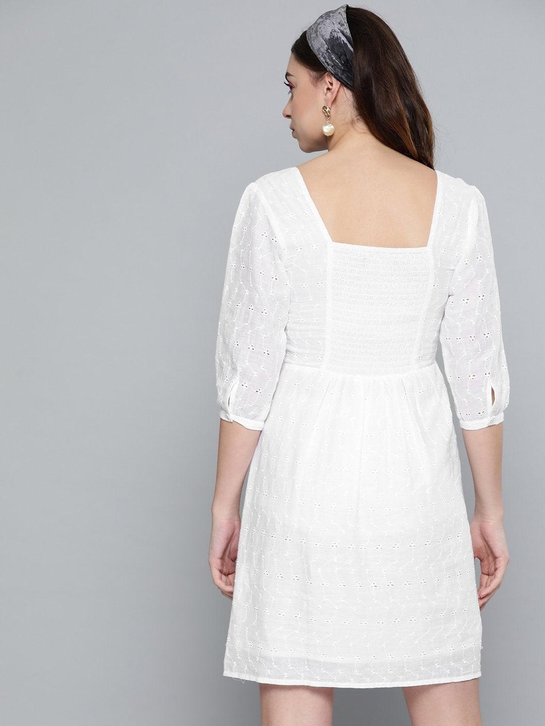 Women's White Schiffli Smocking Skater Dress - SASSAFRAS - Indiakreations