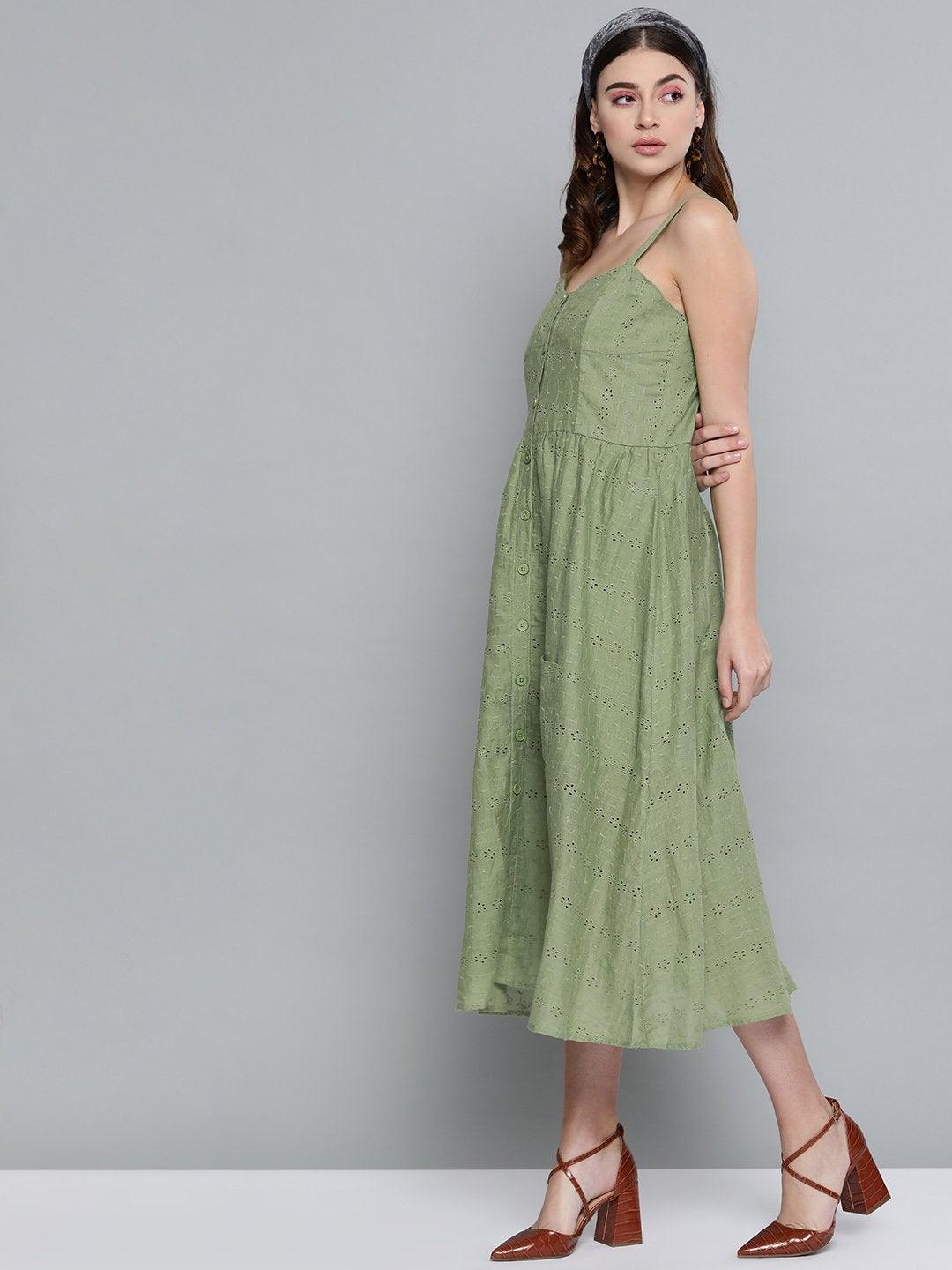 Women's Olive Schiffli Front Button Strappy Dress - SASSAFRAS - Indiakreations