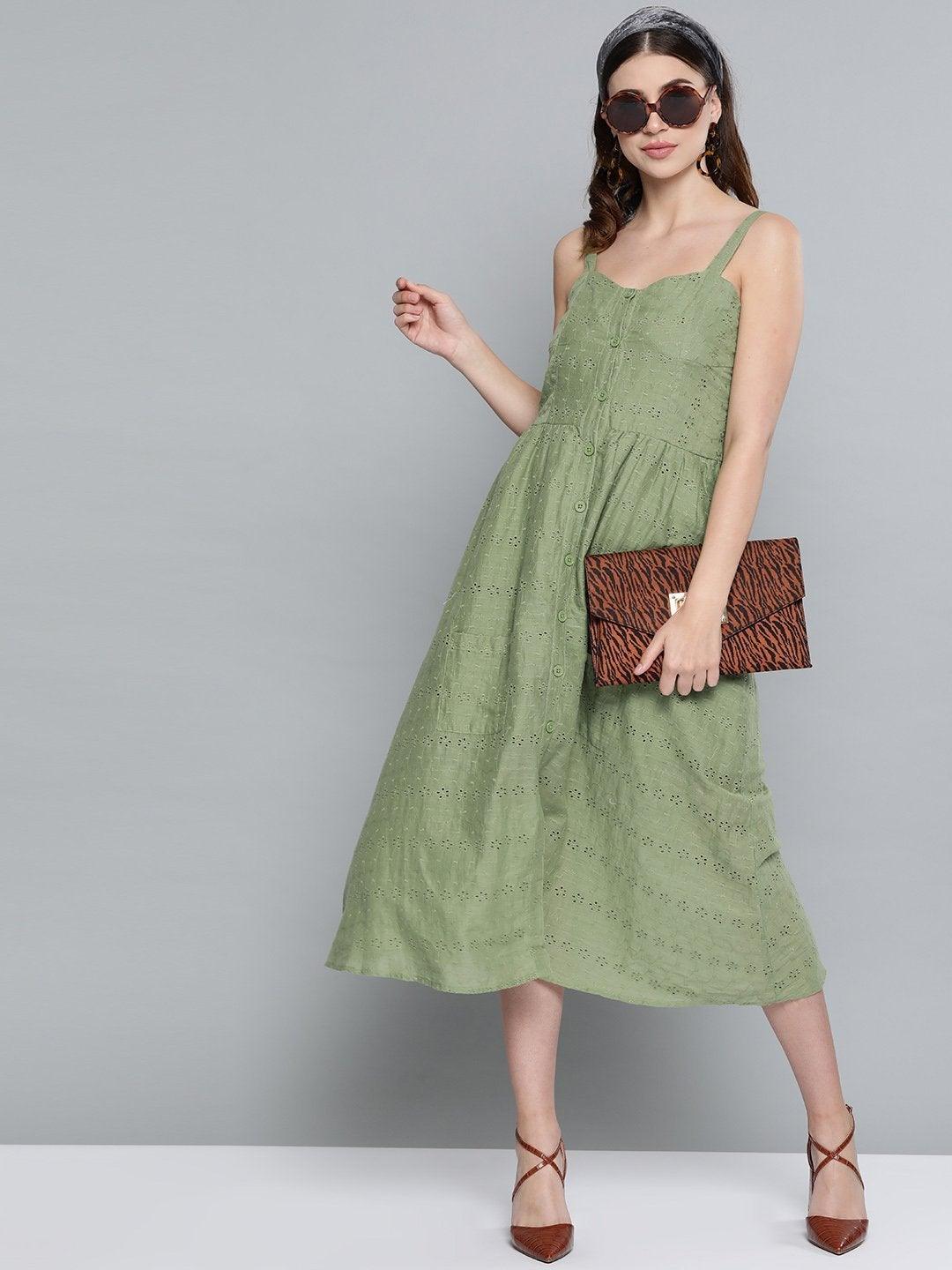 Women's Olive Schiffli Front Button Strappy Dress - SASSAFRAS - Indiakreations