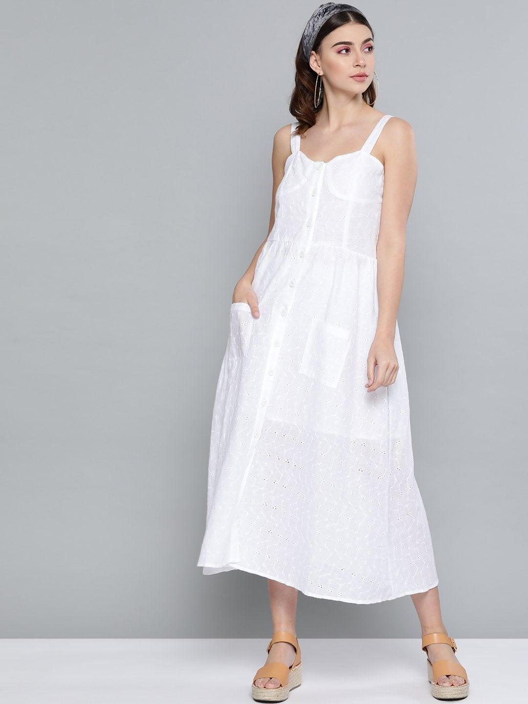 Women's White Schiffli Front Button Strappy Dress - SASSAFRAS - Indiakreations