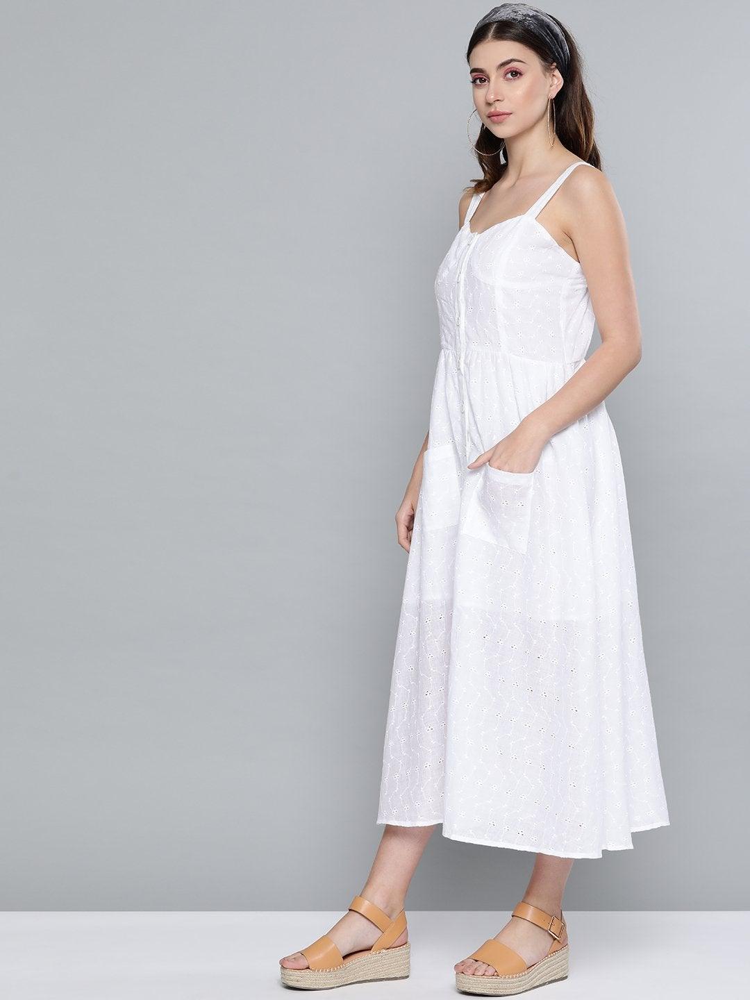 Women's White Schiffli Front Button Strappy Dress - SASSAFRAS - Indiakreations