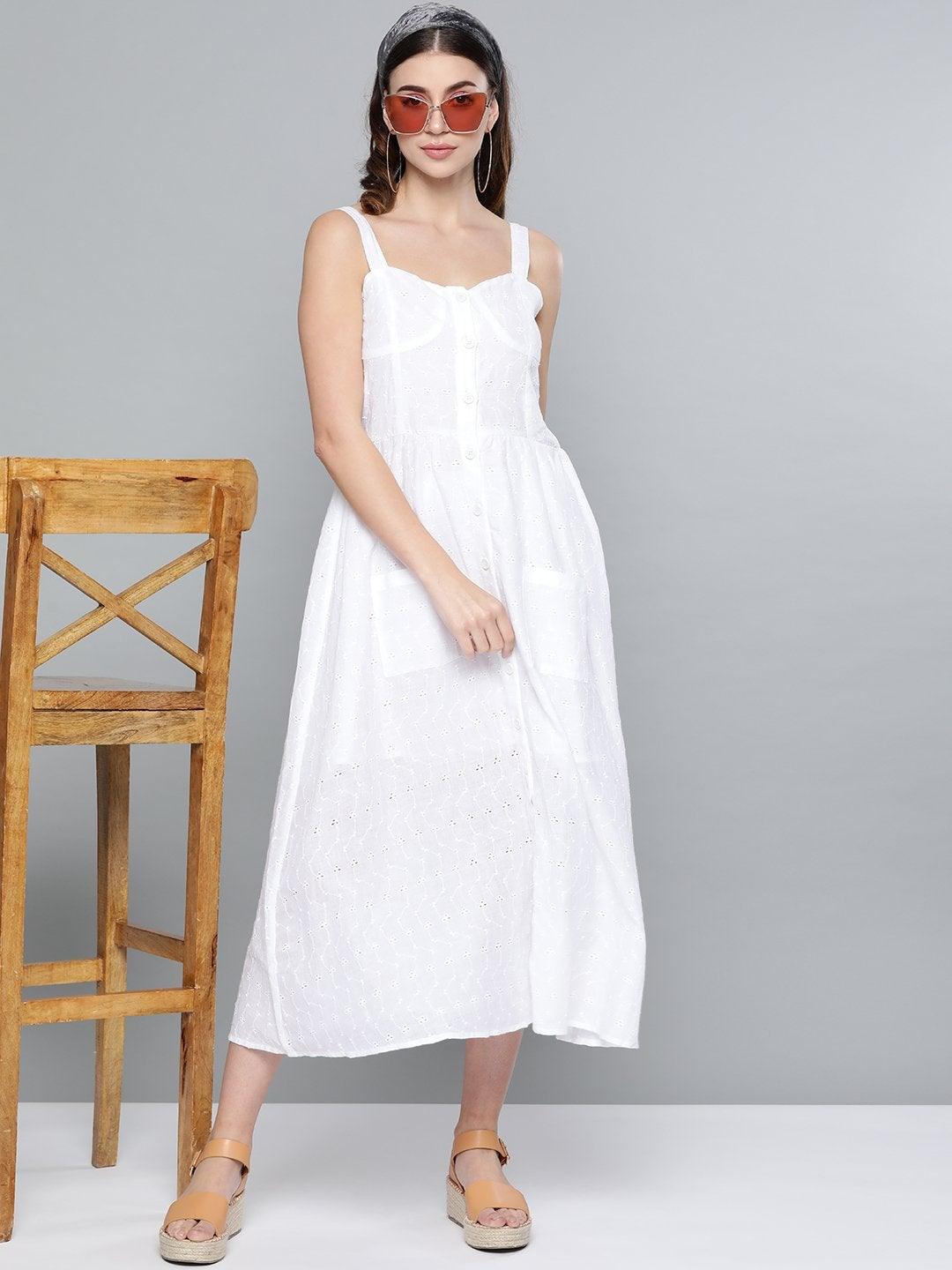 Women's White Schiffli Front Button Strappy Dress - SASSAFRAS - Indiakreations