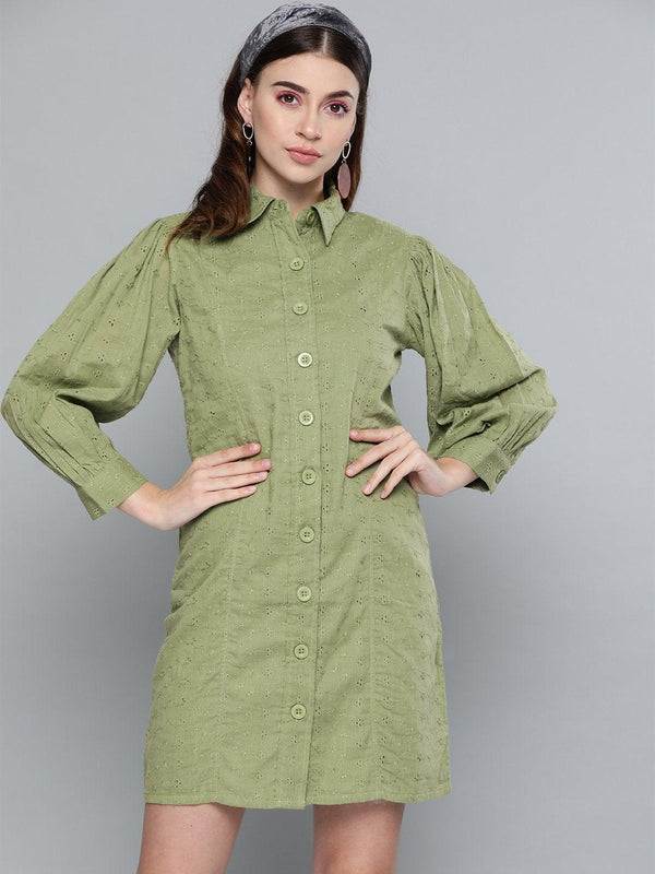 Women's Olive Schiffli Shirt Dress - SASSAFRAS - Indiakreations