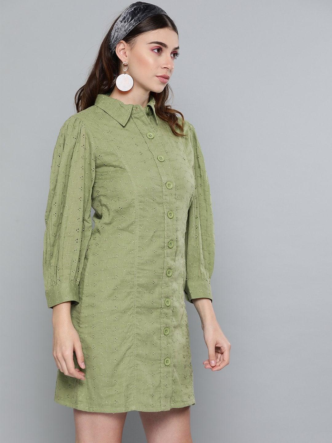 Women's Olive Schiffli Shirt Dress - SASSAFRAS - Indiakreations