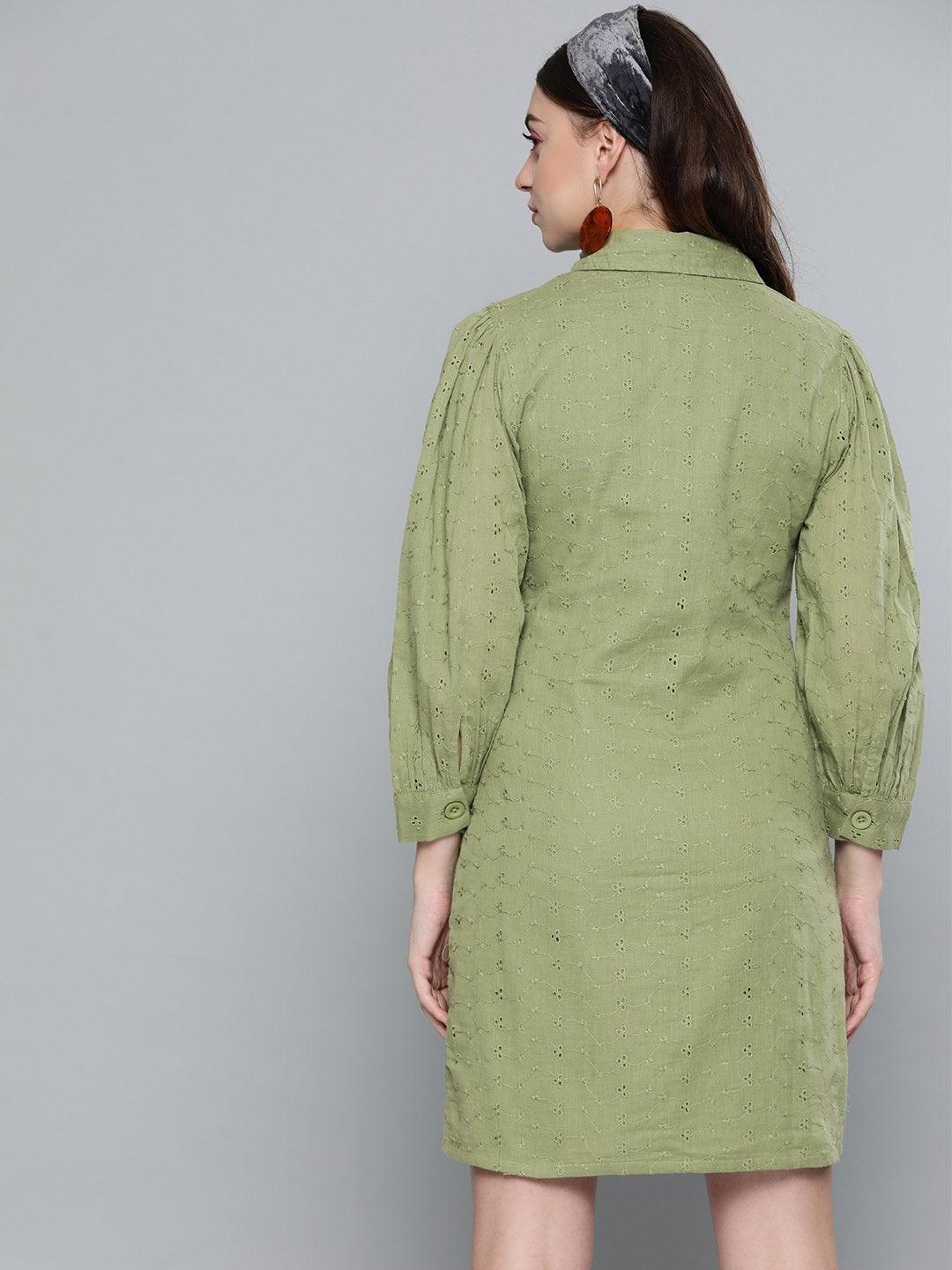 Women's Olive Schiffli Shirt Dress - SASSAFRAS - Indiakreations