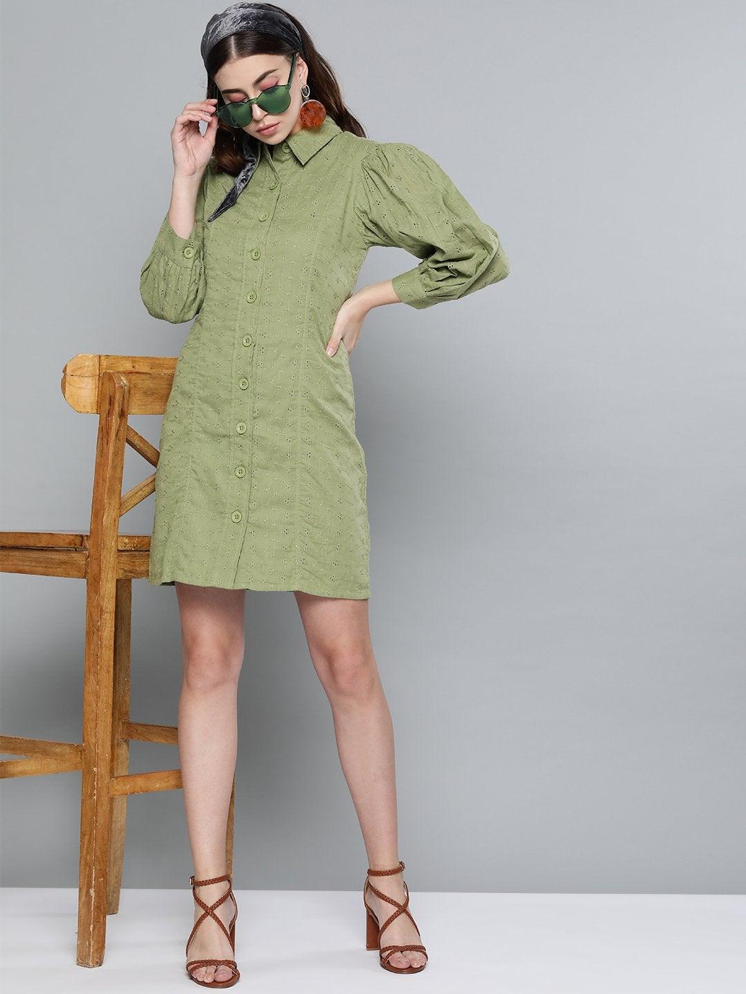 Women's Olive Schiffli Shirt Dress - SASSAFRAS - Indiakreations